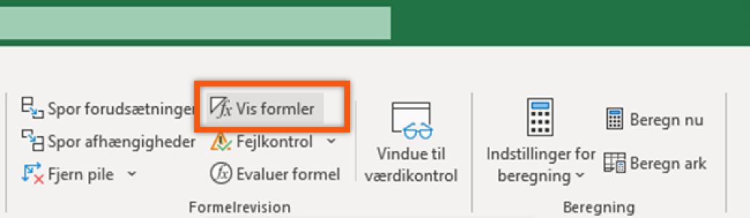 Klik på "Vis formler" for at vise formler i hele arket