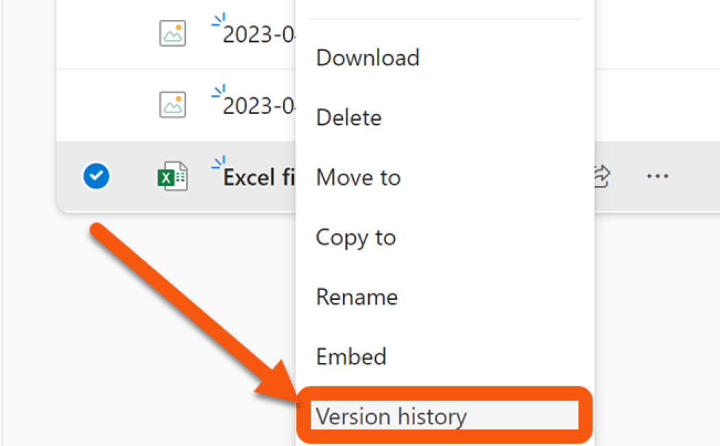 Højreklik på den ønskede Excel fil og vælg Version history.