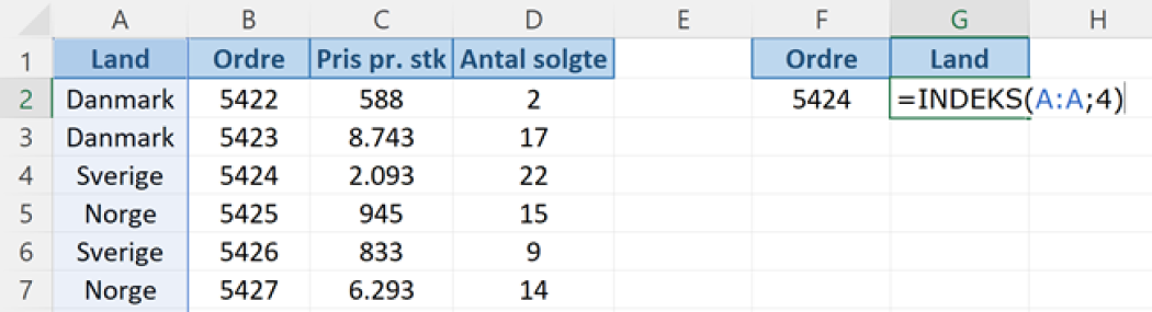 Indtast formlen for SAMMENLIGN og angiv valgte matrix og række.