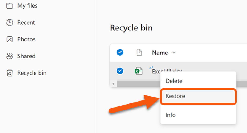 Højreklik på en fil i papirkurven på OneDrive og vælg Restore.
