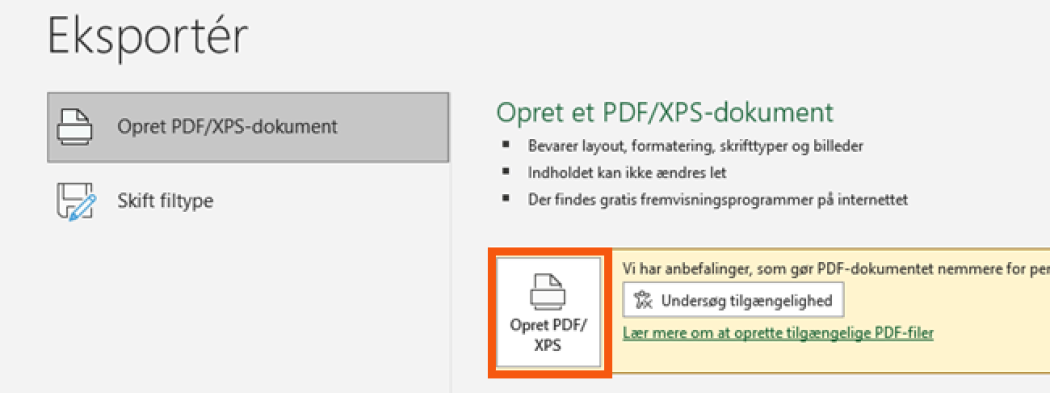 Klik på “Eksportér” og vælg “PDF/XPS” Klik på "Eksportér" og vælg "PDF/XPS"