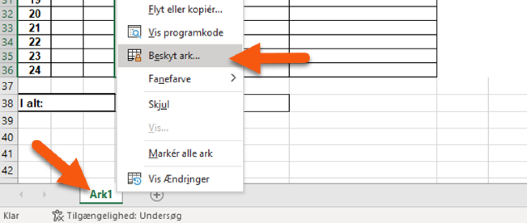Vælg "Beskyt ark" for at låse hele kolonnen, du har markeret