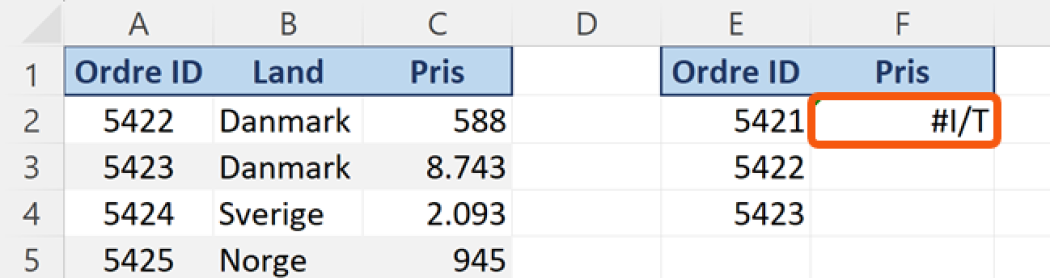 Excel viser en fejl når der ikke findes et gyldigt match til opslagsværdien.