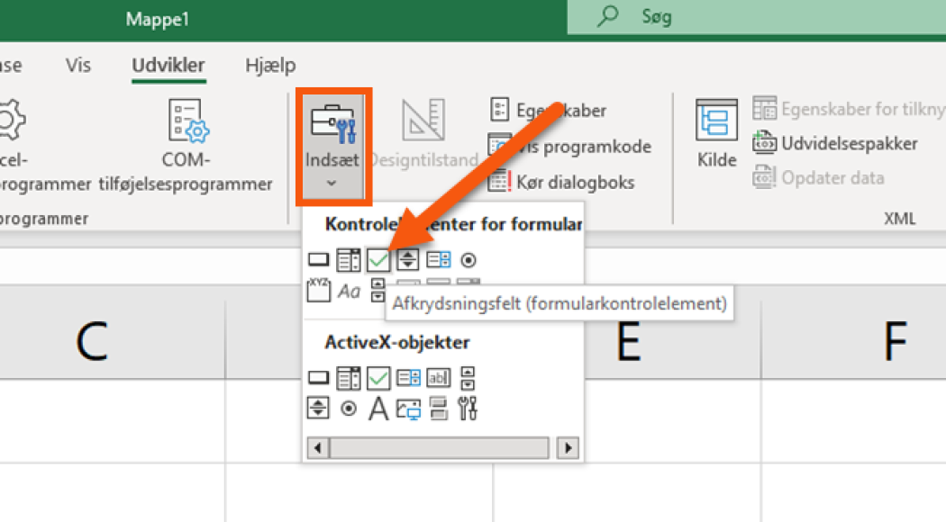 Microsoft office knappen "Afkrydsningsfelt" under fanen udvikler. Afkrydsningsfelt Excel.