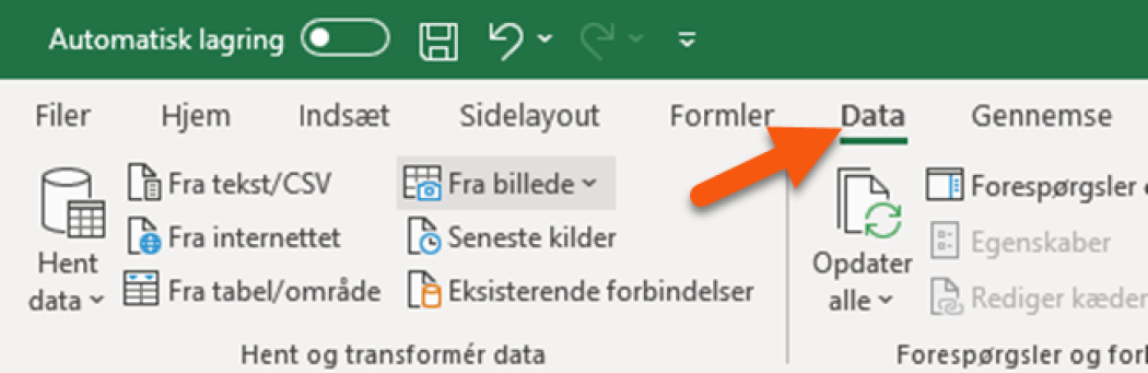 Gå til fanen “Data” Gå til fanen "Data"